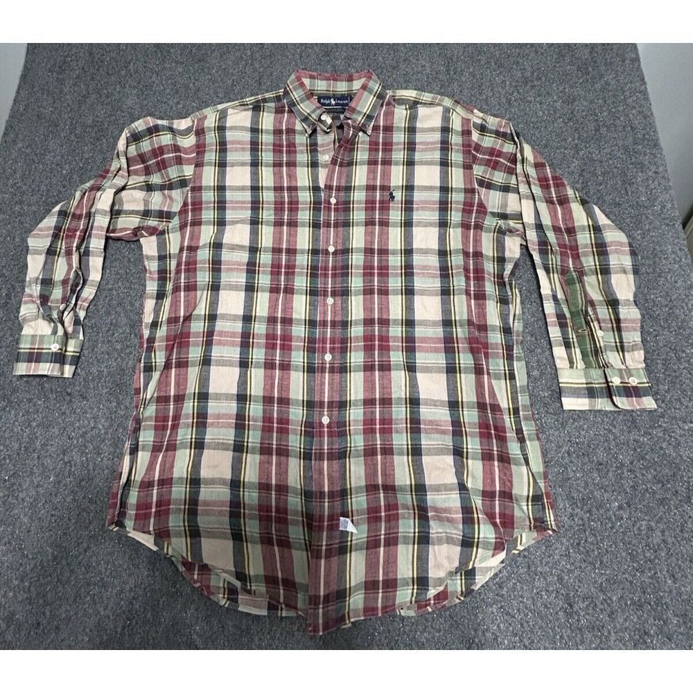 Ralph Lauren Polo Plaid Button Long Sleeve size Large Blue Cranberry Tan yellow